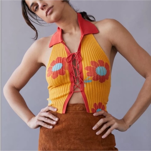 NWT Urban Outfitters Zoe Floral Ribbed Tie Front Halter Top M - Picture 10 of 10